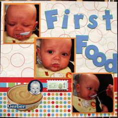 a baby's first food scrapbook with pictures of babies in the middle and one being spoon fed