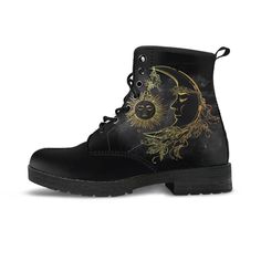 Gold Sun & Moon Boots – Elephantsity Aesthetic Clothes Male, Sun Outfit, Moon Mandala, Hippie Boots, Gold Boots, Handcrafted Boots, Yellow Boots, Vegan Boots, Gold Sun