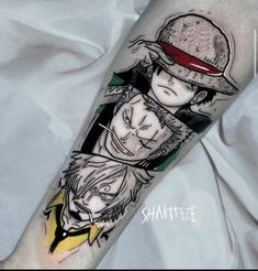 a man with a hat and glasses on his arm is shown in this tattoo design