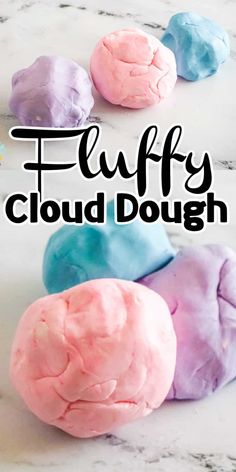 fluffy cloud dough on a marble counter with text overlay that reads fluffy cloud dough