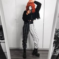 Half White Half Black Pants White Cargo Pants, Patchwork Pants, Sporty Pants, Black And White Pants, White Grid, Women Jogger Pants, Fashion Stand, Grunge Outfit