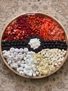 a bowl filled with lots of different types of food on top of a carpeted floor