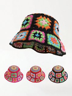 1pc Women's Fashionable Y2K Dopamine Grandma Plaid Crochet Flower Bucket Hat, Suitable For Autumn Winter Daily Wear Multicolor Casual,Elegant   Polyester    Spring/Summer Women Accessories, size features are:Bust: ,Length: ,Sleeve Length: Flower Bucket Hat, Plaid Crochet, Flower Bucket, Crochet Tutorials, Arte Popular, H U, Pink Brown, Womens Fall, Primavera Estate