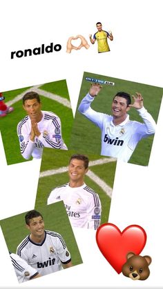 several photos of ronaldo and his friends on the same page, with hearts in front of them