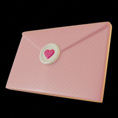 a pink envelope with a heart button on the front, and a black background behind it