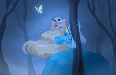 an animated image of a princess in the woods with a butterfly flying above her head