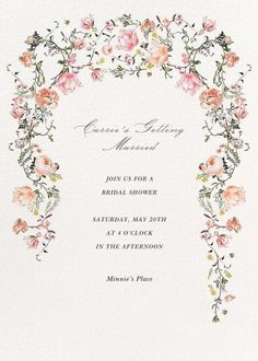 the floral arch wedding card is shown in white with pink and orange flowers on it