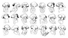 various poses and hair styles for anime character design, drawn in pencil on white paper