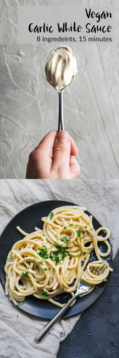 a person holding a fork with pasta on it and the words garlic white sauce above it