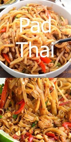 pad thai noodles in a white bowl with chopsticks on top and the words pad thai above it