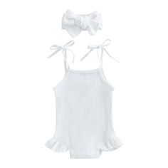 This onesie is the epitome of a ballerina off-duty look with its dainty style and soft pastel colors. A wonderful every day summer outfit for your sweet pea! Ruffle Onesie, Dainty Style, Knit Romper, White Headband, Knitted Romper, Summer Patterns, Knitting Girls, Sleeveless Jumpsuits