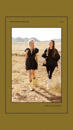 two women in black dresses walking through an open field with the words, eyes for youe