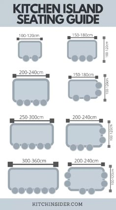 the kitchen island seating guide is shown with measurements for different types of chairs and tables