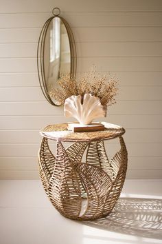 FERN DETAIL SEAGRASS SIDE TABLE Modern Tropical Decor Living Room, Coastal Hallway Decor, Neutral Coastal Living Room Beach, Fern Future Home Vibes, Beachy Boho Living Room, Boho Coastal Living Rooms, Coastal Casual Living Room, Coastal Boho Bedroom, Boho Coastal Decor