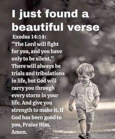 a little boy walking down a road with a bible verse