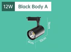 the black body a track light is shown on a green background with measurements for it