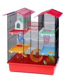 a small bird cage that is red and has two birds in it, one sitting on top of the other