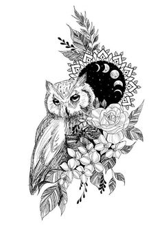 an owl sitting on top of a tree branch with flowers and moon in the background