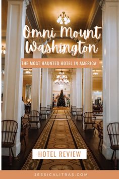 the front entrance to omni mount washington hotel in america with text overlaying it