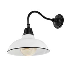 a black and white light fixture with an arm on the wall, against a white background