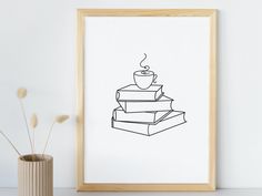 a drawing of a stack of books with a coffee cup on top in front of it