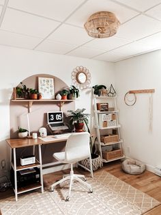 a home office with plants and bookshelves on the wall, along with a rug