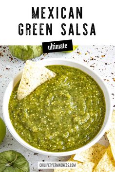 mexican green salsa in a white bowl with tortilla chips