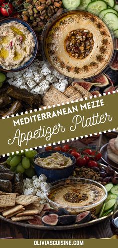 mediterranean mezze appetizer platter with grapes, cucumbers and crackers