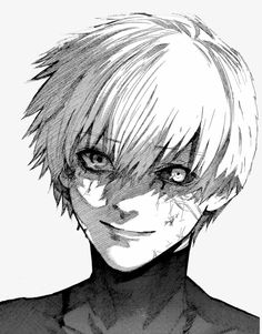 an anime character with blonde hair and blue eyes looking at the camera, in black and white