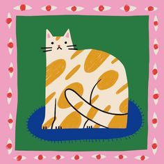 an orange and white cat sitting on top of a blue rug in front of a pink background