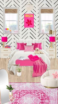 a bedroom decorated in pink and white