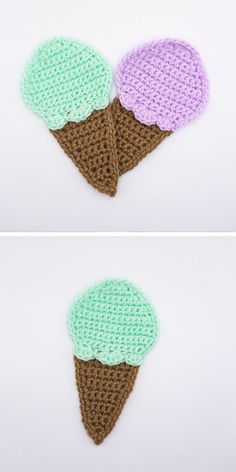 two crocheted ice cream cones on top of each other in different colors and sizes