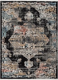 a black rug with an intricate design on the front and back side, in various colors