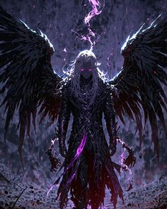 an angel standing in the middle of a dark forest with purple light coming from its wings