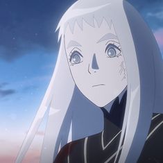 an anime character with long white hair and blue eyes looking at the camera while standing in front of a cloudy sky