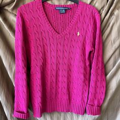 Nwot Hot Pink, The Hottest Color Of The Year! V-Neck Cable Sweater Will Make You Stand Out In The Crowd. 100% Cotton Fuschia Sweater, Sweaters Ralph Lauren, Ralph Lauren Jumper, Hot Pink Sweater, Ralph Lauren Sport, Ralph Lauren Sweaters, Cable Sweater, Ralph Lauren Sweater, Color Of The Year