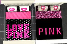 two pink and black bedspreads with hearts on them are next to each other