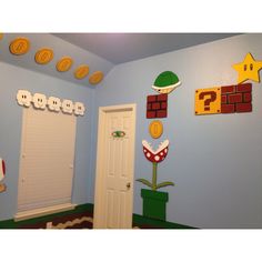 a child's room decorated in mario bros theme