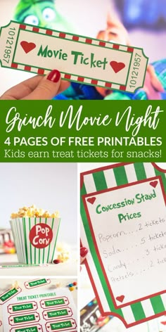 Grinch Movie Night Printables Christmas Movie Night Dinner, The Grinch Movie Night, Movie Night Dinner Ideas, Grinch Movie Night, Movie Night Printables, Festive Snacks, Reward Tickets, Grinch Movie, Movie Night At Home