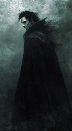 a man in a black cloak with his hair blown back and eyes closed, standing against a dark background