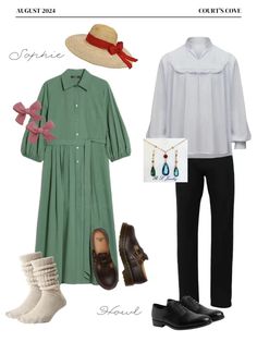 a woman's outfit and accessories including shoes, hat, dress shirt, pants, socks