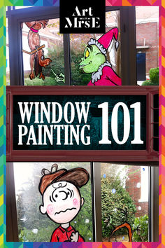 Two painted windows for the holiday season showing the Grinch and his dog on top and Charlie Brown on the bottom. Holiday Art Projects, Painting 101, The Creative Process, Art Activities For Kids, Window Painting, Holiday Art, Art Classroom, Art Activities