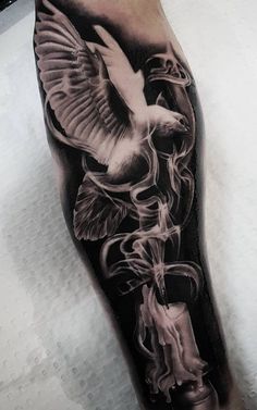 cool dove tattoo © tattoo artist Benji_Roketlauncha ❤🐤❤🐤❤🐤❤🐤❤ Dove And Candle Tattoo Design, Realism Dove Tattoo, Smoky Tattoo, Tattoo Inside Arm, Smokey Raven Tattoo, Realism Raven Tattoo, Fallen Angel Forearm Tattoo, Candles Tattoo, Doves Tattoo