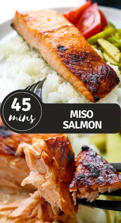 salmon and rice on a white plate with the words misso salmon overlaying it