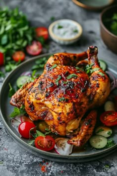 Roasted chicken garnished with herbs, surrounded by sliced cucumbers and tomatoes on a grey plate. Juicy Whole Chicken, Roasted Chicken Whole, Air Fryer Whole Chicken Recipe, Food Marketing Design, Air Fryer Whole Chicken, Broasted Chicken, Whole Chicken Recipe, Chicken Roast