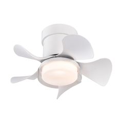 a white ceiling fan with two blades on it's blade and a light in the middle