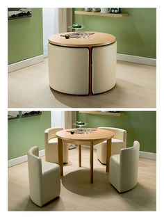 two pictures of a table and chairs in the same room