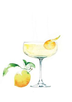 a watercolor painting of an orange and a martini glass with the drink in it