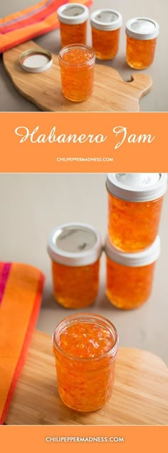 the recipe for habanero pepper jam is shown in two separate images, one on a cutting board