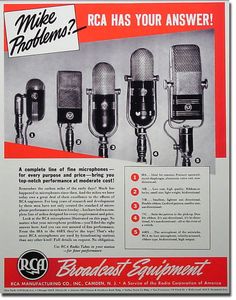 an old advertisement for microphones from the 1950's, featuring three different types of microphones